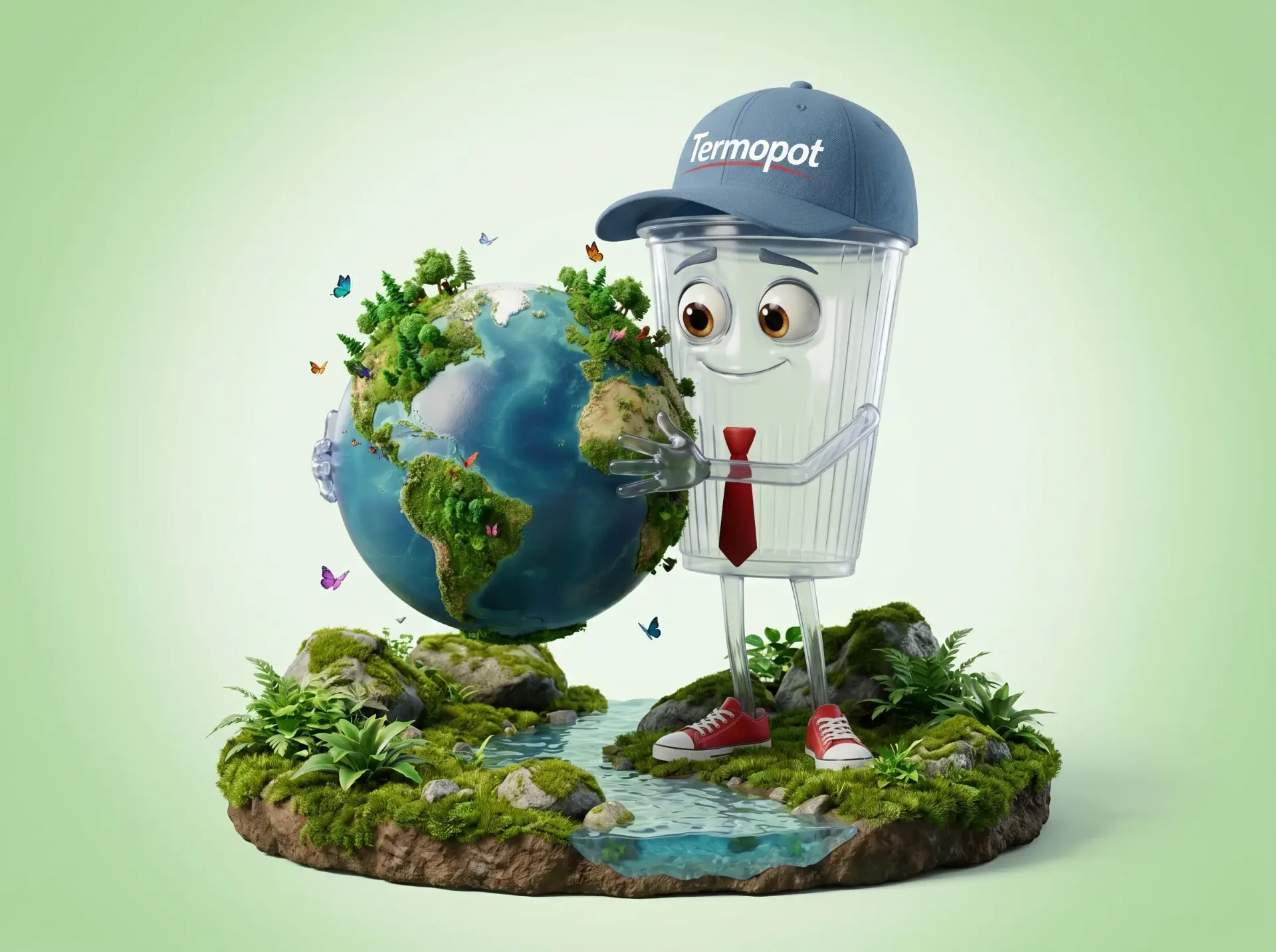 Mascote Termopotinho abraçando o planeta Terra